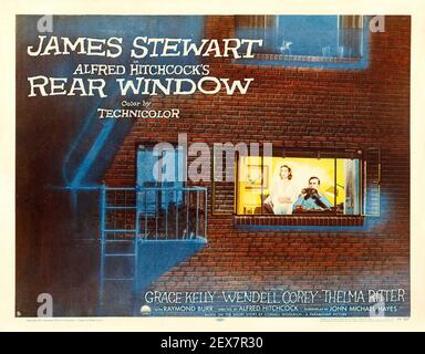 Alfred Hitchcock movie poster / ad for Rear Window with James Stewart and Grace Kelly. Also feat. Wendell Corey and Thelma Ritter. Stock Photo
