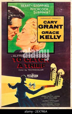 Cary Grant, Grace Kelly in Alfred Hitchcock movie poster for To Catch A Thief. Stock Photo