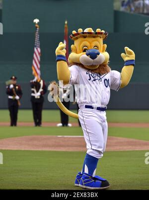 Kansas City Royals mascot Sluggerrr waves a flag before a baseball game  against the Cleveland Guardians in Kansas City, Mo., Sunday, April. 10,  2022. (AP Photo/Colin E. Braley Stock Photo - Alamy