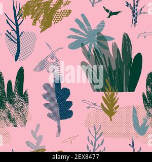 Vector abstract seamless pattern with natural and geometric motives. Stock Vector