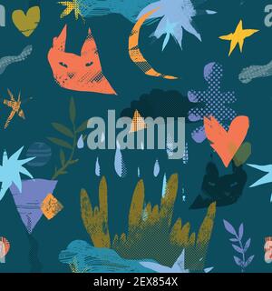 Vector abstract seamless pattern with natural and geometric motives. Stock Vector