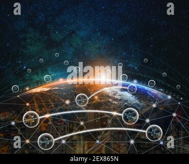 Airplanes in bubble between flying between two countries over Technology digital with the Network connection on Part of earth with sun rise and lens f Stock Photo
