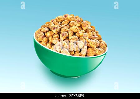 Shing Bhujia, Peanuts Bhujia, Masala groundnut, Indian Spiced coated fried and crunchy Masala Peanut. Popular Namkeen snack. served in bowl. Stock Photo
