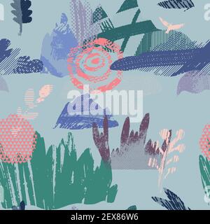 Vector abstract seamless pattern with natural and geometric motives. Stock Vector
