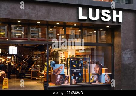 London, United Kingdom - February 01, 2019: LUSH sign at entrance to their branch on Oxford Street. It is cosmetics shop specialising in handmade vege Stock Photo
