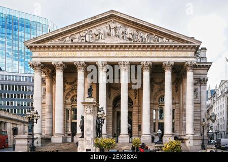 London, United Kingdom - February 02, 2019: Royal Exchange front gate near Bank station. It is centre of commerce, first opened 1571, currently housin