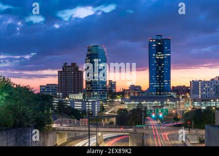 Night skyline of downtown Knoxville, Tennessee after sunset Stock Photo