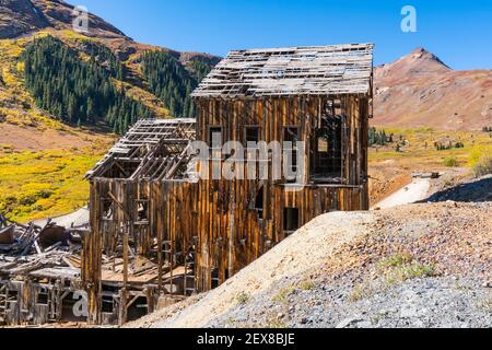 Old abandoned Animas Forks gold and silver mine in the San Juan Mountains of Colorado Stock Photo