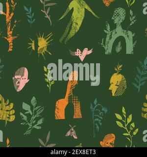 Vector abstract seamless pattern with natural and geometric motives. Stock Vector