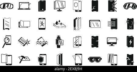 Protective glass icons set, simple style Stock Vector