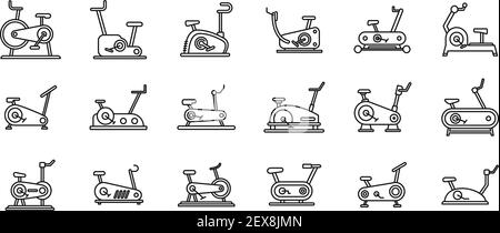 Modern exercise bike icons set, outline style Stock Vector