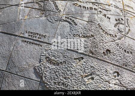 Close up information on the Great Globe at Durlston Country Park, Swanage, Dorset, UK in April - shows the longitude west of Greenwich Stock Photo