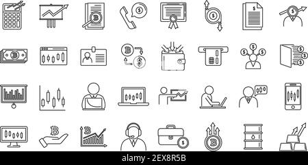 Trader icons set, outline style Stock Vector