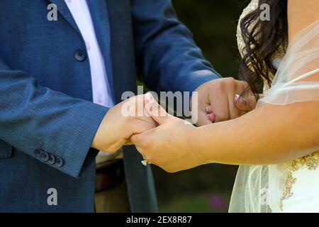 An unrecognizable marrying couple holding each others' hands on a blurred background Stock Photo