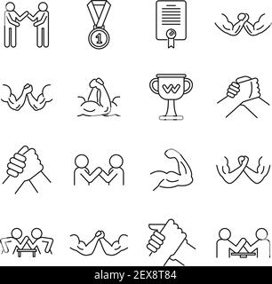 Sport arm wrestling icons set, outline style Stock Vector