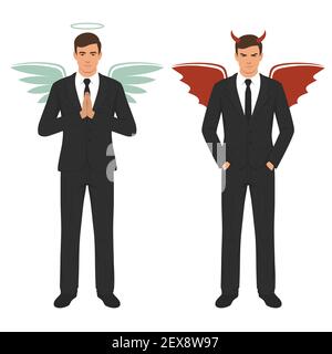 vector illustration of a cartoon devil and angel, good and bad choice, wings, horns and halo Stock Vector