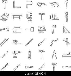 Work carpenter tools icons set, outline style Stock Vector