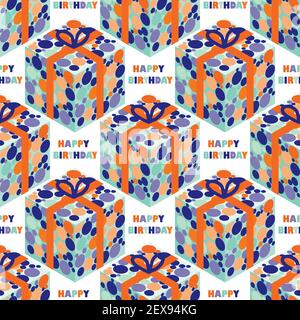 Happy Birthday greeting and gift box 3d effect seamless vector pattern background.Backdrop with confetti decorated presents and celebration typography Stock Vector