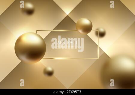 Abstract sphere gold background. Golden balls on volume geometric backdrop. Rectangular frame header. Blured globes. Luxury trendy design for holiday Stock Vector
