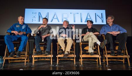 NASA Astronaut Drew Feustel, left, Actor Matt Damon, Director Ridley Scott, Author Andy Weir, and Director of the Planetary Science Division at NASA Headquarters Jim Green, participate in a question and answer session about NASAâ€™s journey to Mars and the film â€The Martian,' Tuesday, Aug. 18, 2015, at the United Artist Theater in La CaÃ±ada Flintridge, California. NASA scientists and engineers served as technical consultants on the film. The movie portrays a realistic view of the climate and topography of Mars, based on NASA data, and some of the challenges NASA faces as we prepare for huma