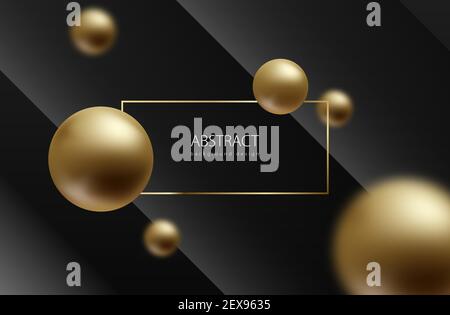 Abstract sphere background. Golden balls on black volume geometric backdrop. Gold frame header. Blured globes. Luxury trendy design. Stock Vector