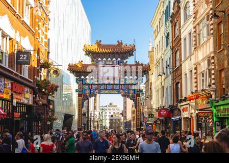 July 1, 2018: Chinatown, an ethnic enclave in the City of Westminster, London, UK.  It contains a number of Chinese restaurants, bakeries, supermarket Stock Photo