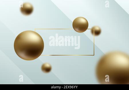 Abstract sphere white background. Golden balls on light blue volume geometric backdrop. Gold frame header. Blured globes. Luxury trendy design. Stock Vector