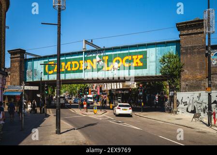 July 3, 2018: The North London line railway bridge over Chalk Farm Road from Camden Lock Place located in london, england, uk. Camden Lock  was former Stock Photo