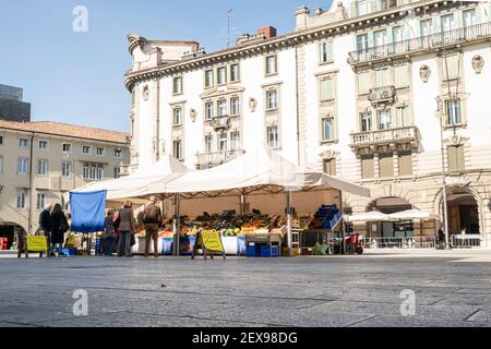 Udine, Italy. March 3, 2021.  the open-air fruit and vegetable market in a square in the city center Stock Photo