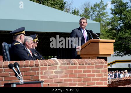 Secretary of Defense Ash Carter speaks during the change of responsibility ceremony between General Ray Odierno, 38th Army Chief of Staff, and General Mark Milley, as General Milley assumes duties as the 39th Army Chief of Staff at Sommerall Field, Joint Base Henderson-Myer, Arlington, Virginia on August 14, 2015. (Photo by U.S. Army Sgt. First Class Clydell Kinchen/DoD) *** Please Use Credit from Credit Field ***