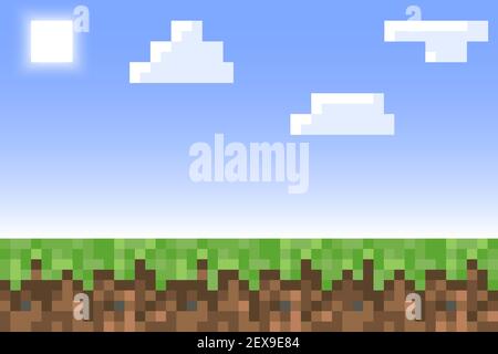 Pixel minecraft style land background. Concept of game ground pixelated horizontal background with blue sky, sun, cloud. Vector illustration. Stock Vector
