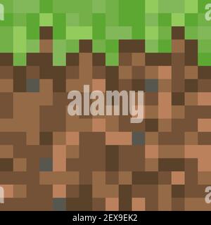Pixel minecraft style land block background. Concept of game ground pixelated horizontal seamless background. Vector illustration. Stock Vector