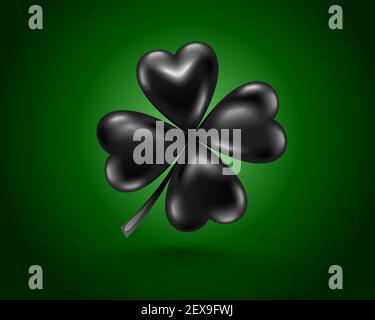 Glossy black clover leaf, dark vector illustration for St. Patrick day. Isolated four-leaf on black background. Stock Vector