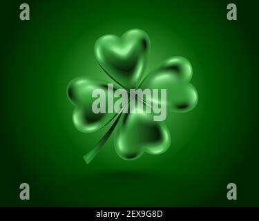 Glossy green clover leaf, vector illustration for St. Patrick day. Isolated four-leaf on green background. Stock Vector