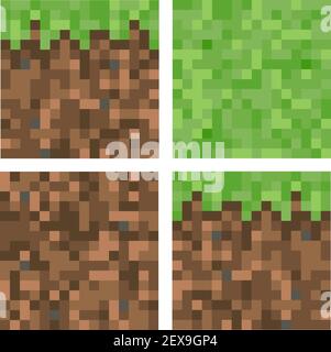 Pixel minecraft style land block background. Concept of game ground pixelated horizontal seamless background. Top, side, bottom view. Isolated Stock Vector