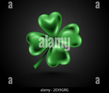 Glossy green clover leaf, dark vector illustration for St. Patrick day. Isolated four-leaf on black background. Stock Vector