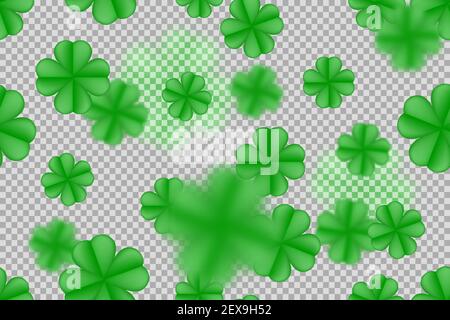 Green St. Patrick day seamless pattern on transparent background with clover four-leaf blured leaves. Vector overlay design. Stock Vector