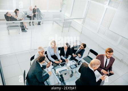 business team works with financial documentation in the office. Stock Photo