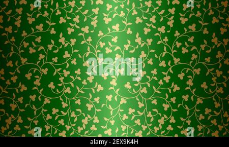 Seamless vector golden floral pattern on green background. Luxury repeating damask texture. Premium trefoil wrapping paper or silk shamrock cloth Stock Vector