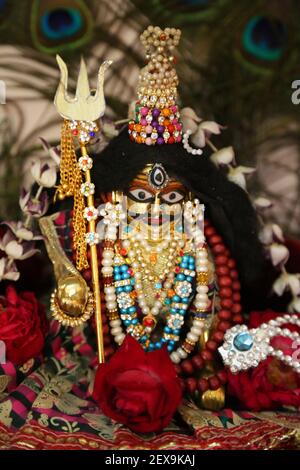 Hindu God Krishna looks as Lord Shiva against backdrop of peacock feather on Maha Shivratri festival in Beawar, Rajasthan, India. Photo: Sumit Saraswa Stock Photo