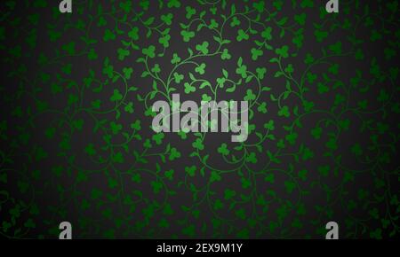 Vector green floral pattern on black background. Wallpaper damask texture. Premium trefoil silk shamrock cloth for St. Patrick day. Stock Vector