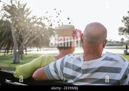 60 year old couple sitting on bench seen from behind Stock Photo