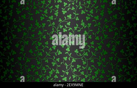 Seamless vector green floral pattern on black background. Repeating damask texture. Premium trefoil wrapping paper or silk shamrock cloth Stock Vector
