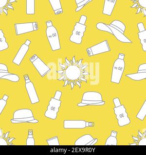Vector seamless pattern Travel illustration Sun, sun hats, sunscreen cream, lotion, milk Skin protection from solar ultraviolet radiation Summer time, Stock Vector