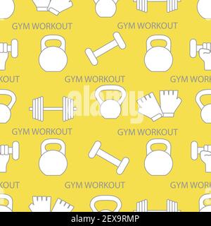 Seamless pattern with dumbbells, gloves, arm with dumbbells. Sports background. Weightlifting equipment. Illuminating and Ultimate Gray. Stock Vector