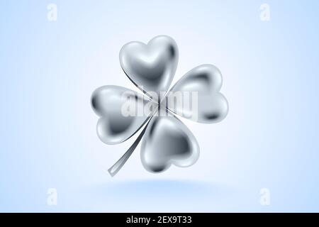 Glossy silver clover leaf, vector illustration for St. Patrick day. Isolated four-leaf on light white blue background. Stock Vector