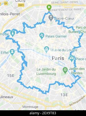 Laurent Thillaye du Boullay finishes his marathon challenge of running around the map of France using the GPS Drawing in Paris, France, on March 04, 2021. Photo by Aurore Marechal/ABACAPRESS.COM Stock Photo