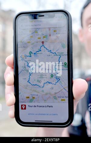 Laurent Thillaye du Boullay finishes his marathon challenge of running around the map of France using the GPS Drawing in Paris, France, on March 04, 2021. Photo by Aurore Marechal/ABACAPRESS.COM Stock Photo