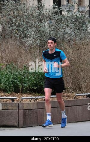 Laurent Thillaye du Boullay finishes his marathon challenge of running around the map of France using the GPS Drawing in Paris, France, on March 04, 2021. Photo by Aurore Marechal/ABACAPRESS.COM Stock Photo