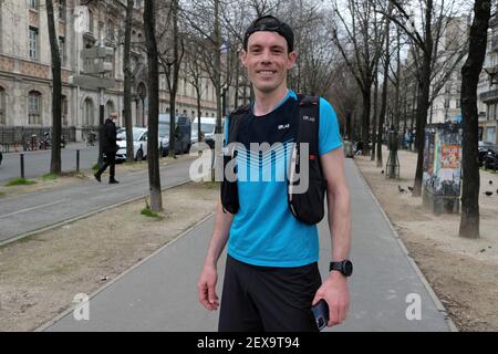 Laurent Thillaye du Boullay finishes his marathon challenge of running around the map of France using the GPS Drawing in Paris, France, on March 04, 2021. Photo by Aurore Marechal/ABACAPRESS.COM Stock Photo